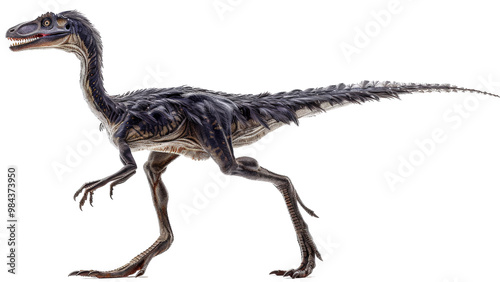 Lifelike depiction of Austroraptor dinosaur, isolated on a white background, focusing on its feathered body, long limbs, and detailed features photo