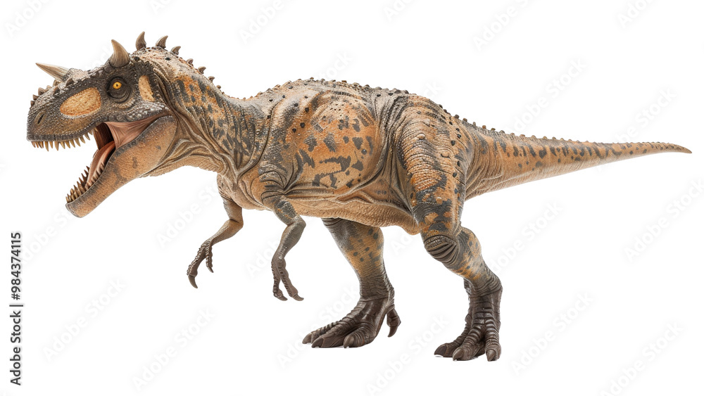 Lifelike depiction of Carnotaurus dinosaur, isolated on a white background, focusing on its horned head, muscular limbs, and intricate skin details Lifelike depiction of Carnotaurus dinosaur, isolated on a white background, focusing on its horned head, muscular limbs, and intricate skin details