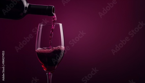 Pouring red wine into a glass against a dark purple background in an elegant setting