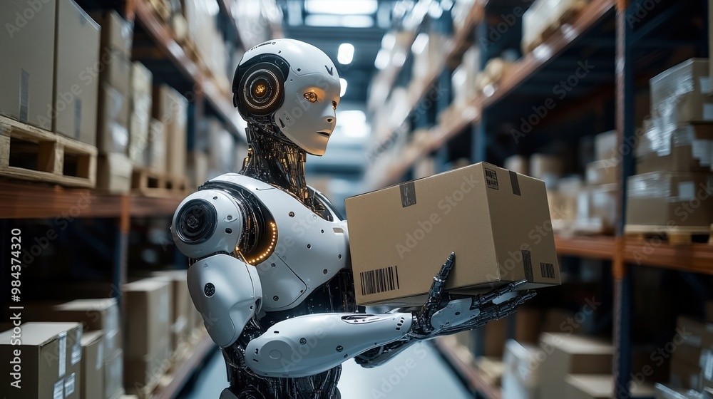 Fototapeta premium Humanoid robot working in a futuristic warehouse carrying boxes