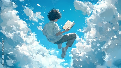 Dreamy Anime Boy Soaring Through Sky with Book in Hand, Soft Clouds Below photo