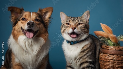 Laughing Dog and Cat Together on Blue Surface