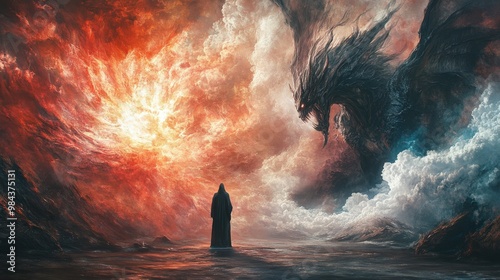 Jesus battles fallen angels in fiery epic biblical fantasy art photo