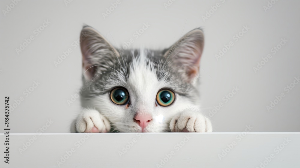 A curious cat peeks over a white surface with bright blue-green eyes, showcasing its playful personality at home during the day A curious cat peeks over a white surface with bright blue-green eyes, showcasing its playful personality at home during the day