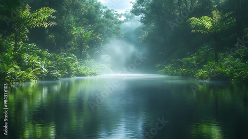 A tranquil river flows through a lush, misty rainforest. The sunlight filters through the dense canopy, creating a mystical atmosphere.