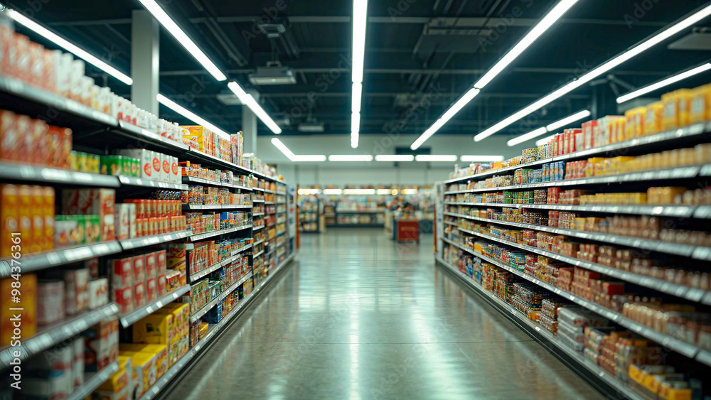 Aisle View of a Modern Grocery Store with Shelves of Products Aisle View of a Modern Grocery Store with Shelves of Products