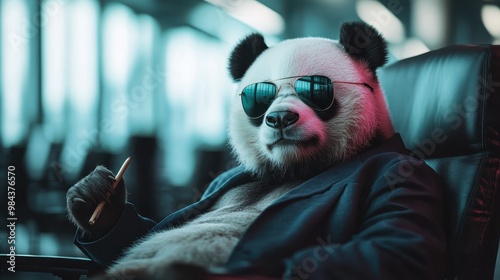 A striking image of a composed panda dressed in a sleek black suit and sunglasses, seated casually and holding a pen, exuding an air of confidence and sophistication in an urban setting. photo