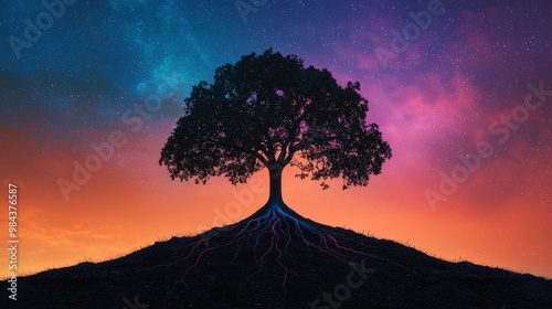 A tree with roots growing upward into the sky, glowing with multicolored light, symbolizing reversing norms and challenging expectations