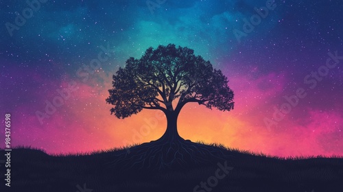 A tree with roots growing upward into the sky, glowing with multicolored light, symbolizing reversing norms and challenging expectations