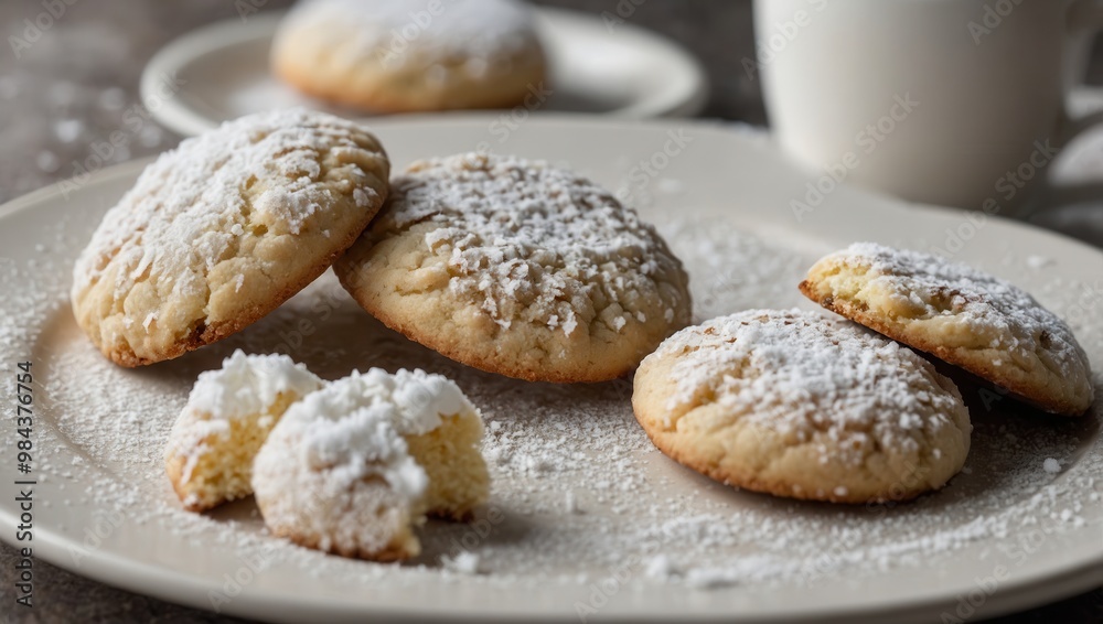 Powdered Sugar-Covered Cookies on Wooden Table