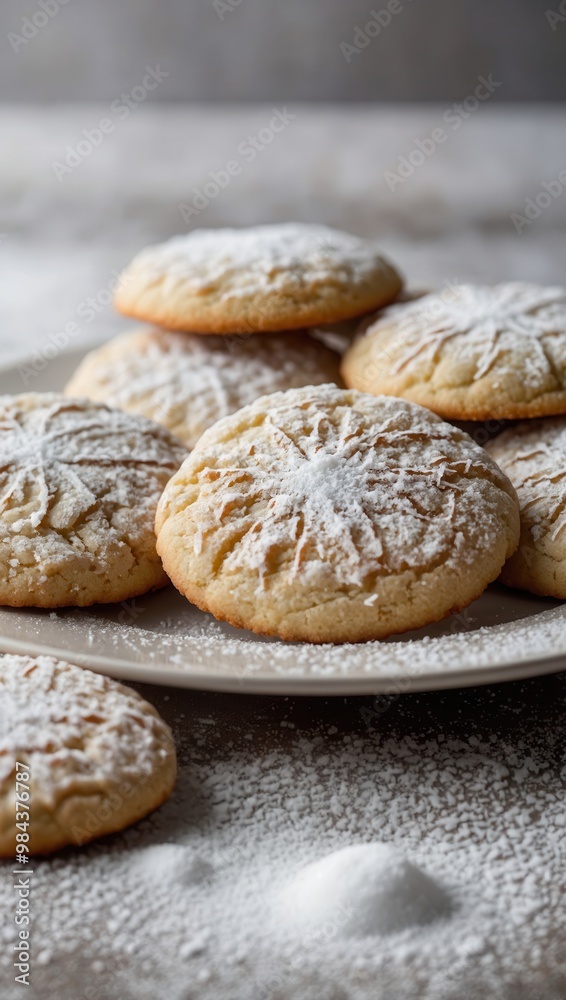 Four Sugar-Coated Cookies on Plate with Golden Crust Four Sugar-Coated Cookies on Plate with Golden Crust
