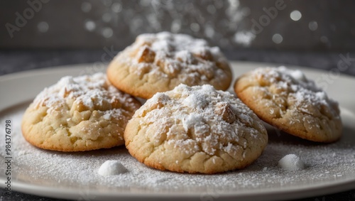 Sugar-Coated Cookies on White Plate with Powdered Sugar Dusting