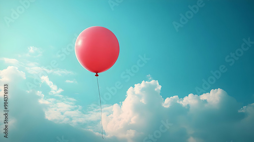 Single Red Balloon Floating in Blue Sky with White Clouds - Photo