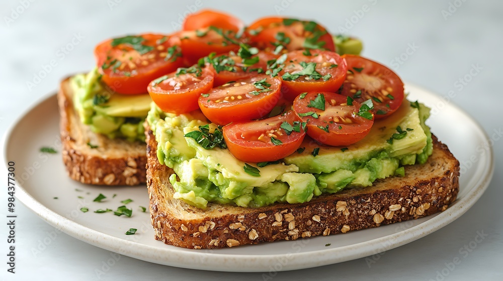 Two slices of toast topped with avocado and cherry tomatoes on a white plate. Two slices of toast topped with avocado and cherry tomatoes on a white plate.