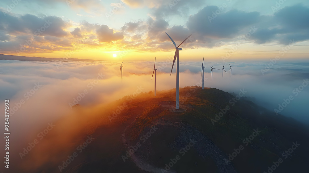 Aerial View of Wind Turbines in a Mountainous Landscape at Sunrise Aerial View of Wind Turbines in a Mountainous Landscape at Sunrise