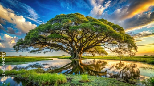 Above the serene marsh, a towering tule tree stands, its umbrella-like canopy sheltering the landscape from the sky.