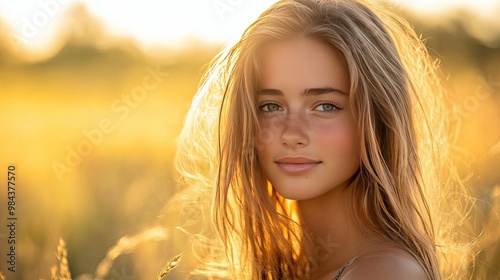 Portrait of a Freckled Young Woman with Blonde Hair in Golden Light