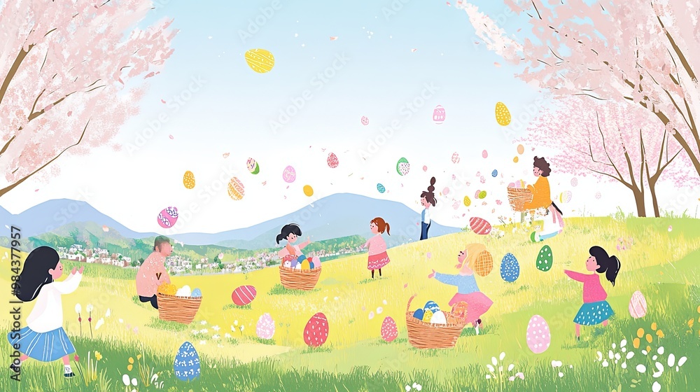 Joyful Easter Sunday scene with children happily hunting for colorful painted eggs scattered across a lush meadow under blooming cherry blossom trees. Joyful Easter Sunday scene with children happily hunting for colorful painted eggs scattered across a lush meadow under blooming cherry blossom trees.