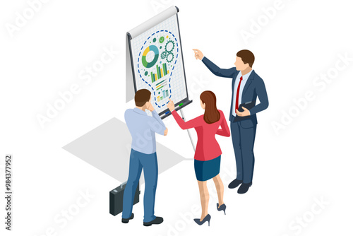 Isomtric business idea lights up like a bulb, becoming the foundation for a successful startup. With teamwork and brainstorming, success follows