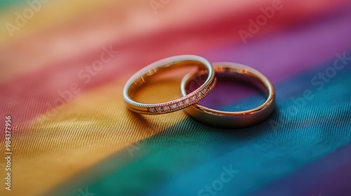 Wedding rings on rainbow LGBT flag, closeup