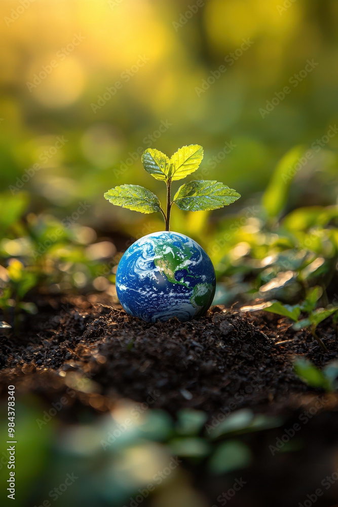 carbon emission, The blue and green earth rests on soil and plants, embodying the battle against carbon emissions carbon emission, The blue and green earth rests on soil and plants, embodying the battle against carbon emissions