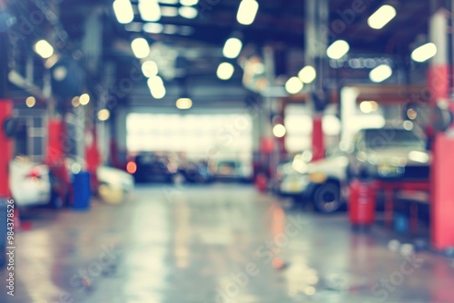 Wallpaper Mural Blurred background of a car repair workshop with bright lights. Industrial and automotive service concept. Torontodigital.ca