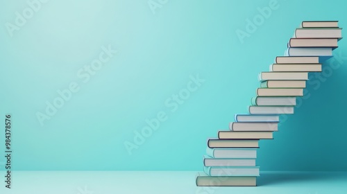 This artwork provides a creative depiction of stacked books arranged elegantly in a curve, symbolizing the themes of learning and progression in a stylish, futuristic manner that captivates you