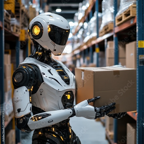 Humanoid robot working in a futuristic warehouse carrying boxes