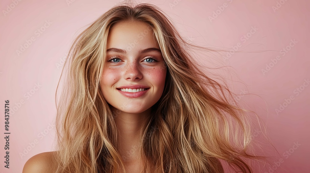 Fototapeta premium Portrait of a Smiling Young Woman with Blonde Hair and Freckles