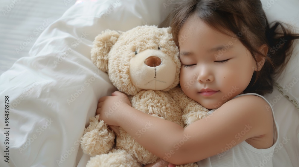 A young girl peacefully sleeping while hugging a soft teddy bear in a cozy bedroom during the daytime A young girl peacefully sleeping while hugging a soft teddy bear in a cozy bedroom during the daytime
