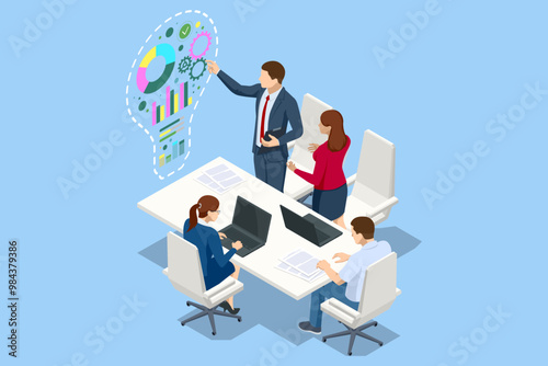 Isomtric business idea lights up like a bulb, becoming the foundation for a successful startup. With teamwork and brainstorming, success follows