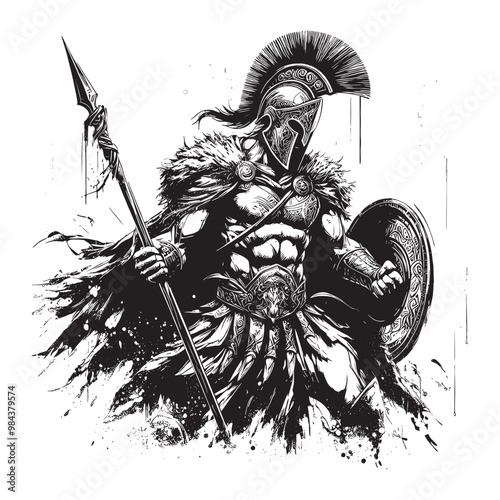 Spartan warrior mask weapons spear and helmet Splash in action Artwork vector editable logo for Wall Sticker t-shirt design and multipurpose use in high definition format