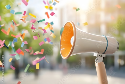 A megaphone with confetti coming out against a blur background photo