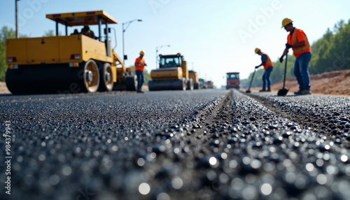 Highway construction site with workers laying asphalt on a sunny day using heavy machinery.






