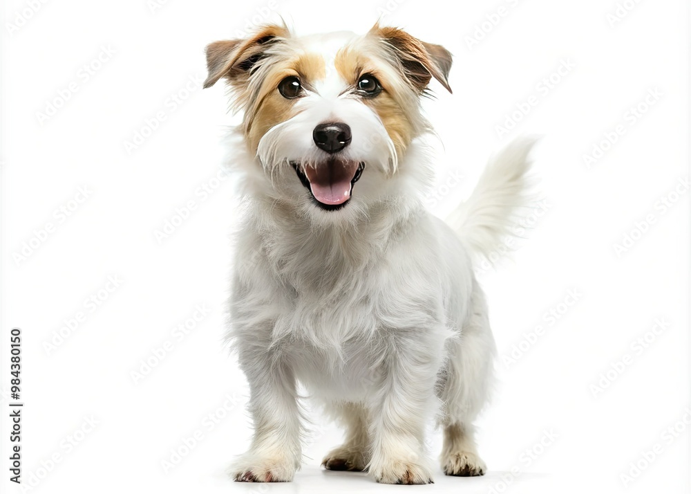 A fluffy white Jack Russell Terrier stands upright on its hind legs, gazing directly at the camera with an irresistible smile, its eyes the focal point. A fluffy white Jack Russell Terrier stands upright on its hind legs, gazing directly at the camera with an irresistible smile, its eyes the focal point.