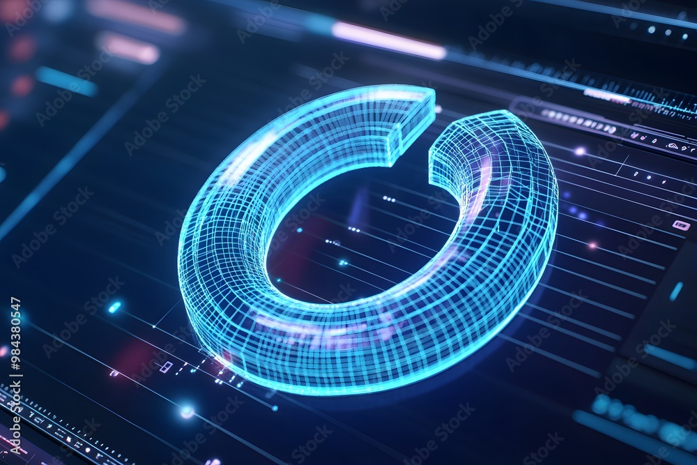Close-up of a computer screen displaying a wireframe, blue digital model of a horseshoe against a dark background Close-up of a computer screen displaying a wireframe, blue digital model of a horseshoe against a dark background