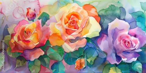 Fototapeta Naklejka Na Ścianę i Meble -  Watercolor painting of colorful roses with leaves. Floral design and botanical art concept.