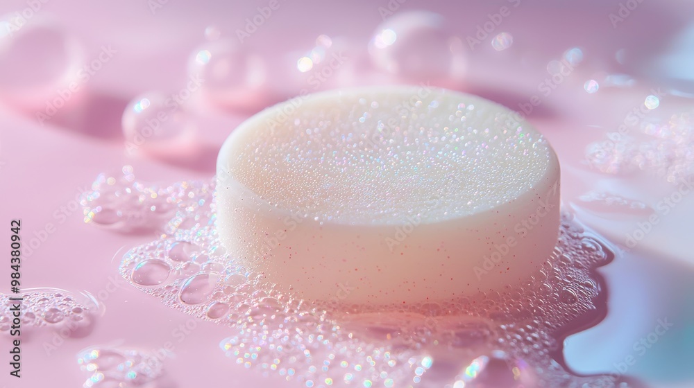 Refreshing Round Soap Bar with Bubbles on Soft Pastel Surface Refreshing Round Soap Bar with Bubbles on Soft Pastel Surface