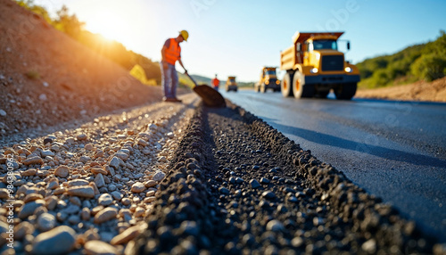 Highway construction site with workers laying asphalt on a sunny day using heavy machinery.






 photo