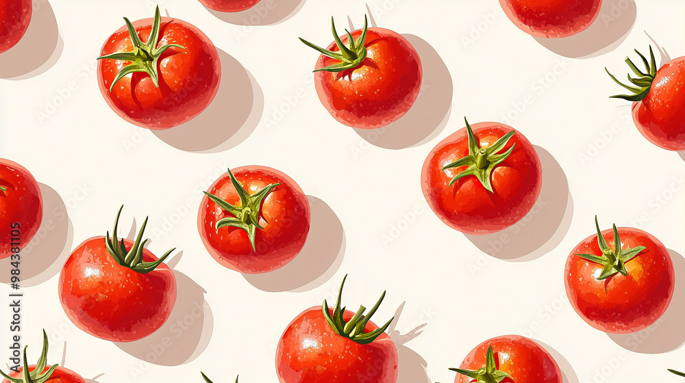 Seamless pattern with tomatoes. Red juicy tomatoes isolated on white background. Top view, flat lay. Hand drawn watercolor painting