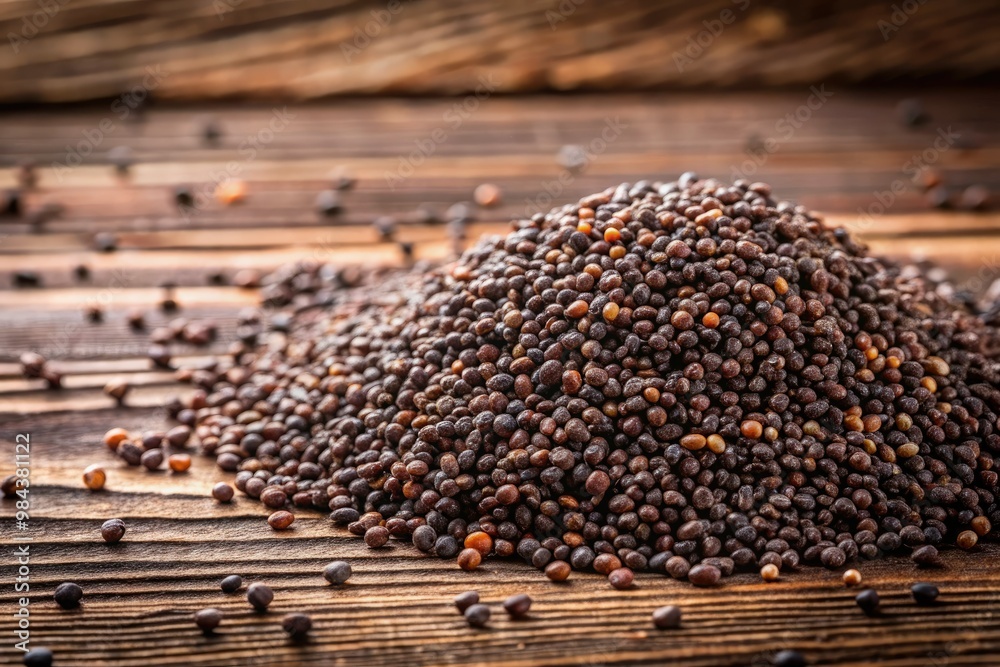 A heap of organic ajina seeds scattered on a rustic wooden surface, inviting you to reach in and discover their nutty flavor. A heap of organic ajina seeds scattered on a rustic wooden surface, inviting you to reach in and discover their nutty flavor.