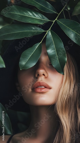 Close-up of a young woman partially hidden by large leaves, expressing mystery and nature.