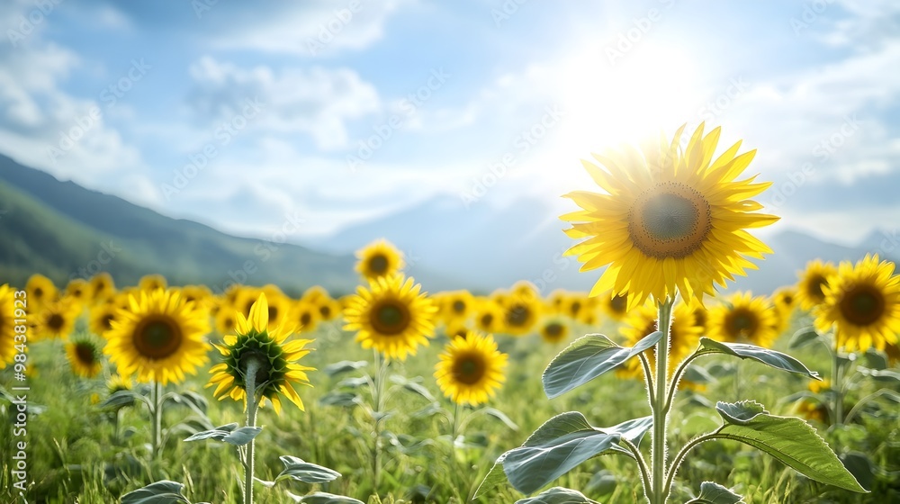 Vast Sunflower Field with Radiant Sun and Distant Mountains Vast Sunflower Field with Radiant Sun and Distant Mountains