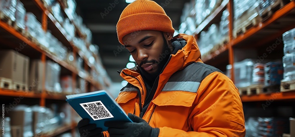 Warehouse worker using QR code scanner for inventory management. Warehouse worker using QR code scanner for inventory management.