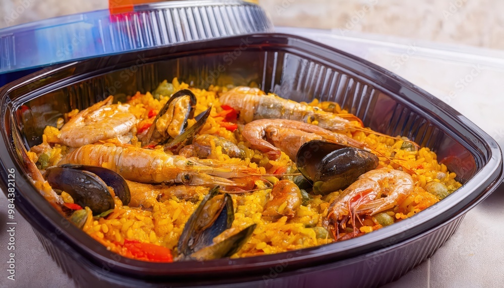A delicious seafood paella served in a plastic container. A delicious seafood paella served in a plastic container.