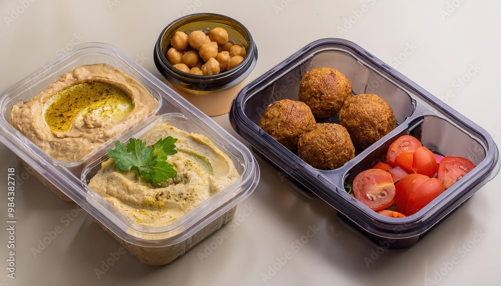 A healthy lunchbox with hummus, falafel, and cherry tomatoes. A healthy lunchbox with hummus, falafel, and cherry tomatoes.