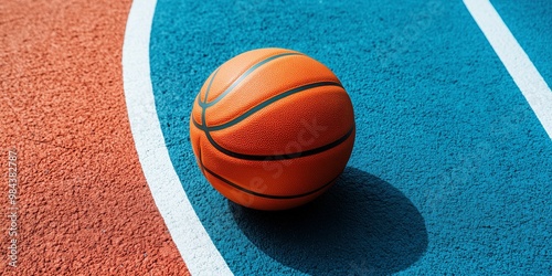 Overhead view of an orange basketball placed on a green and red court with white lines, representing sports, competition, and outdoor games.