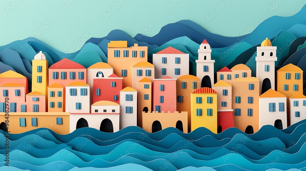 Amalfi Coast, Italy, cliffside village with layered sea, paper craft