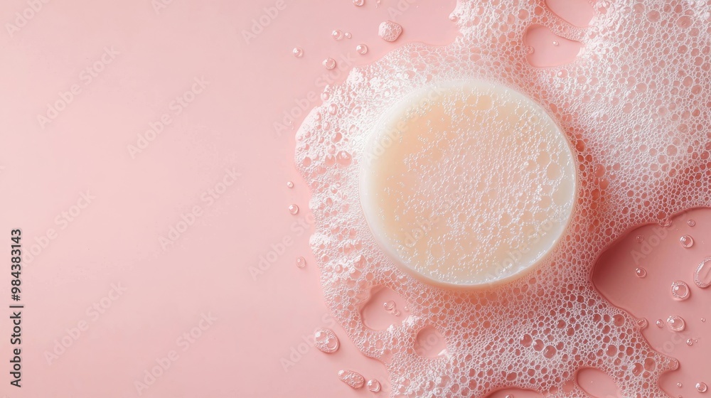 Fototapeta premium Fresh Round Soap Bar with Fluffy Foam and Bubbles on Vibrant Background