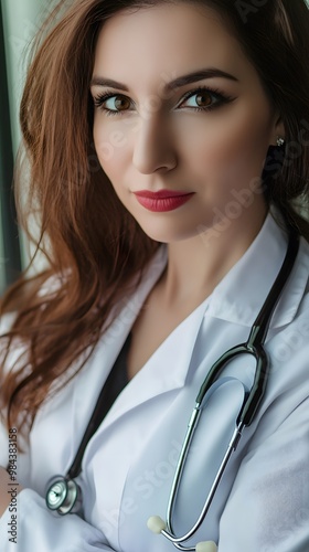 A young woman with long brown hair, wearing a white lab coat and a stethoscope, looks directly at the camera with a serious expression.